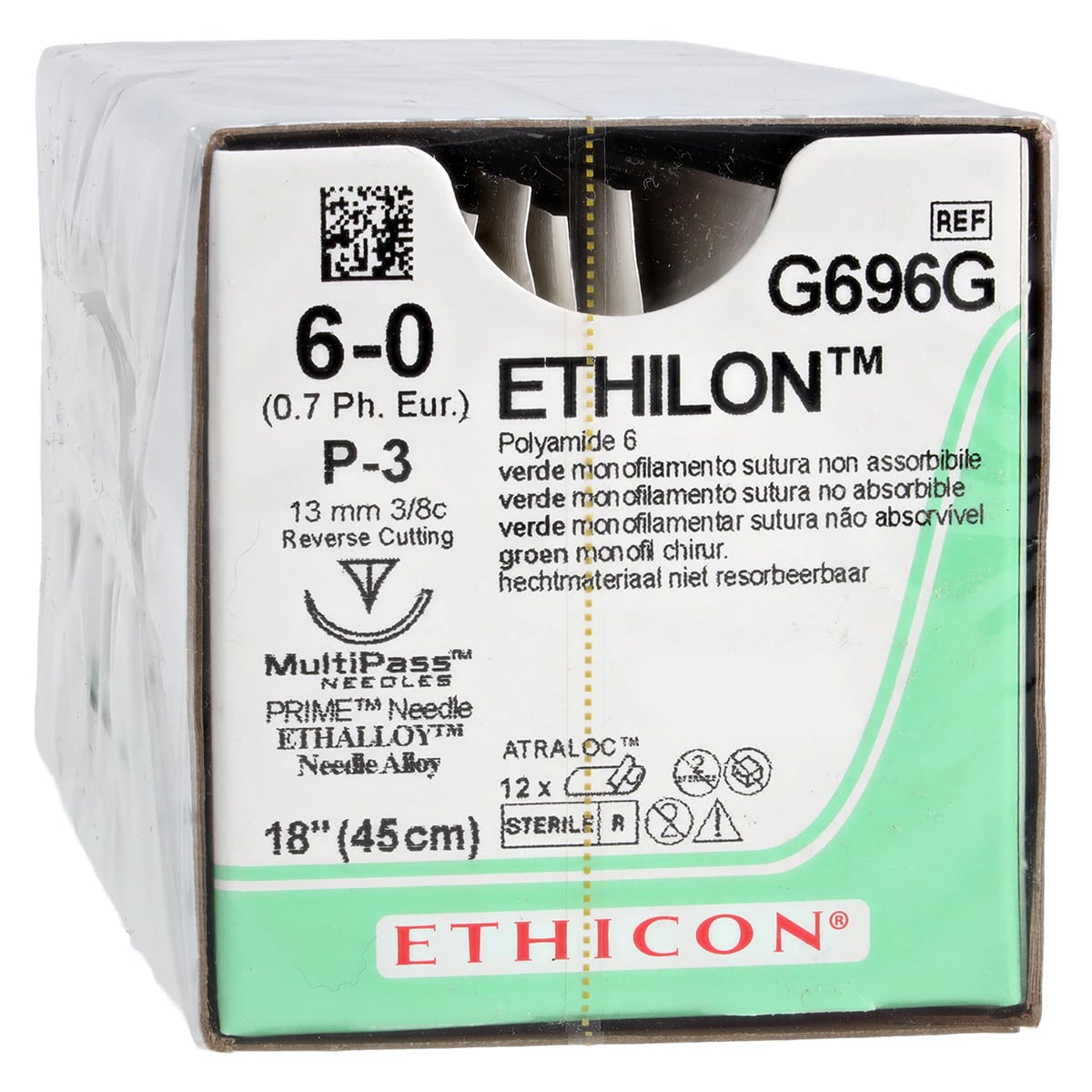 Ethicon Ethilon Nylon Suture, 6-0, 18", Green Monofilament, P-3 Precision Point Reverse Cutting Needle, 3/8 Circle, 12/Box, G696G