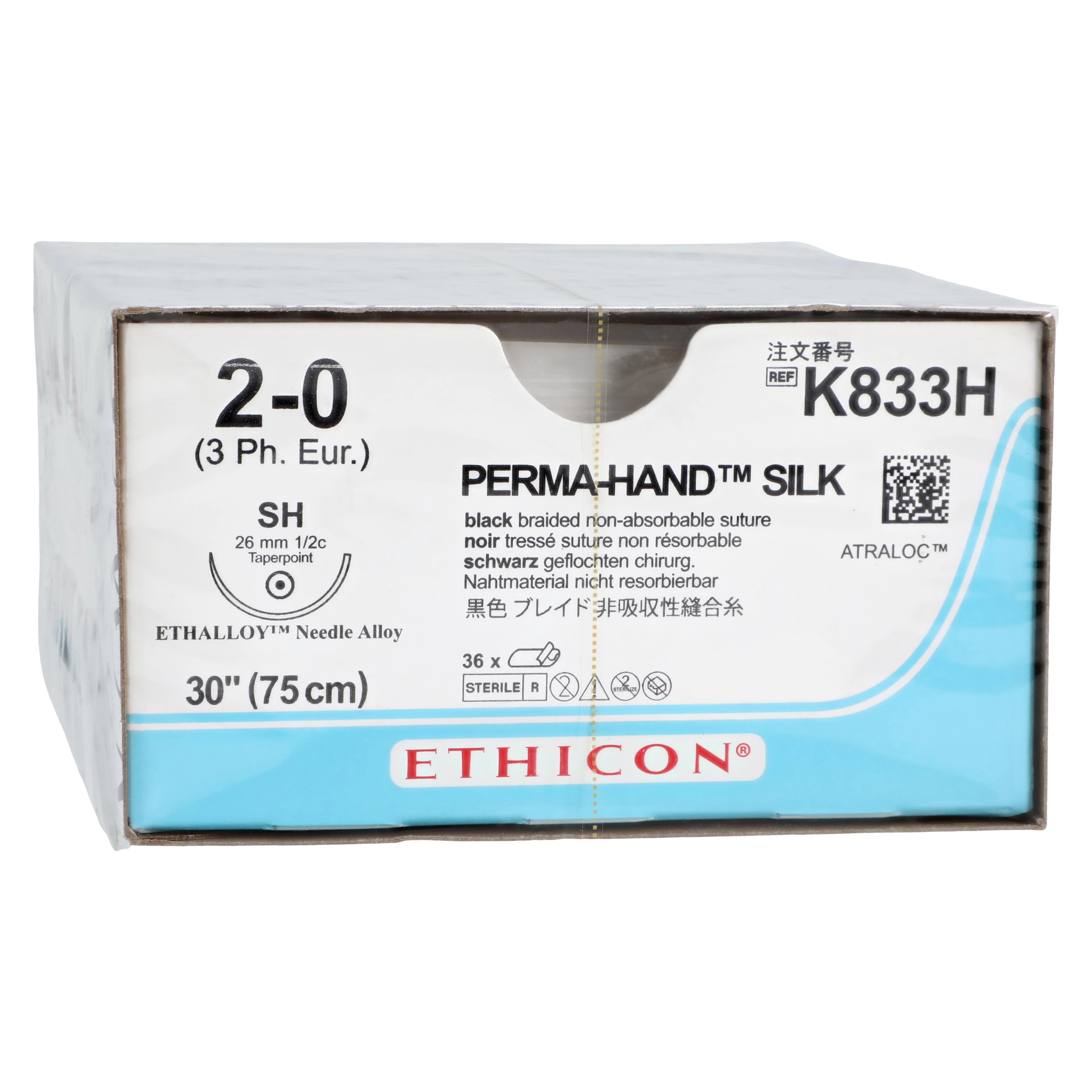 Perma-Hand Silk Braided Non-Absorbable Suture, Size 2-0, 30", Black, SH Taper Point 1/2 Circle Needle 26mm, 36/Box