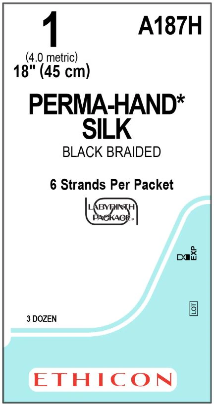 Ethicon PERMA-HAND Silk Suture, A187H, Size 1, 6-18", Black Braided, Non-Absorbable, 36/Box
