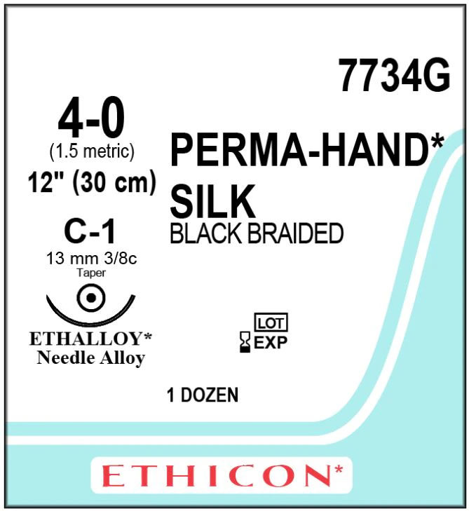 Ethicon Perma-Hand Silk Suture, 4-0, 12" Black Braided, Non-Absorbable, C-1 Taper Point 3/8 Circle Needle 13mm, 12/Box