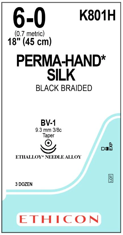 Perma-Hand Silk Braided Non-Absorbable Suture, 6-0, 18", BV-1 Taper Point Needle, 3/8 Circle, Black, 36/Box, K801H