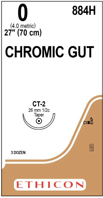 Ethicon Chromic Gut Surgical Suture, Size 0, 27", CT-2 1/2 Circle Taper Point Needle, 36/Bx, 884H