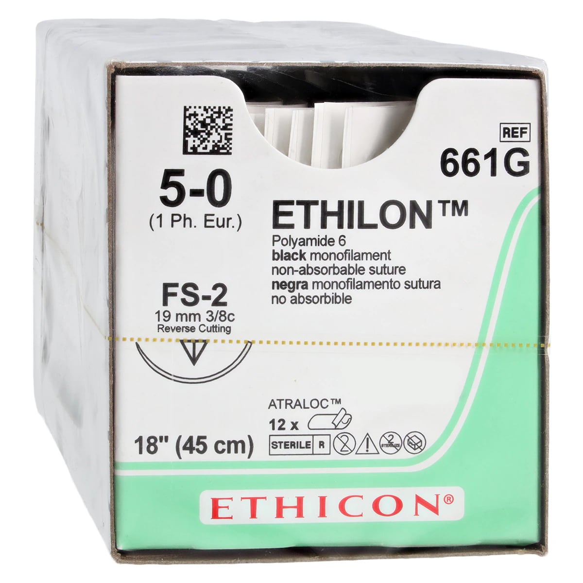 Ethilon Nylon Monofilament Non-Absorbable Suture, 5-0, 18", Black, FS-2 Reverse Cutting Needle, 12/Box, 661G