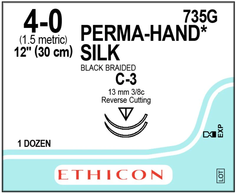 Perma-Hand Silk Braided Non-Absorbable Suture, Size 4-0, 12", C-3 Reverse Cutting 3/8 Circle Needle, Black, 12/Box