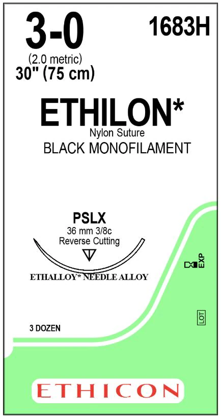 Ethilon Nylon Monofilament Non-Absorbable Suture, Size 3-0, 30" (1x30"), Black, PSLX Reverse Cutting 3/8 Circle Needle, 36/Box