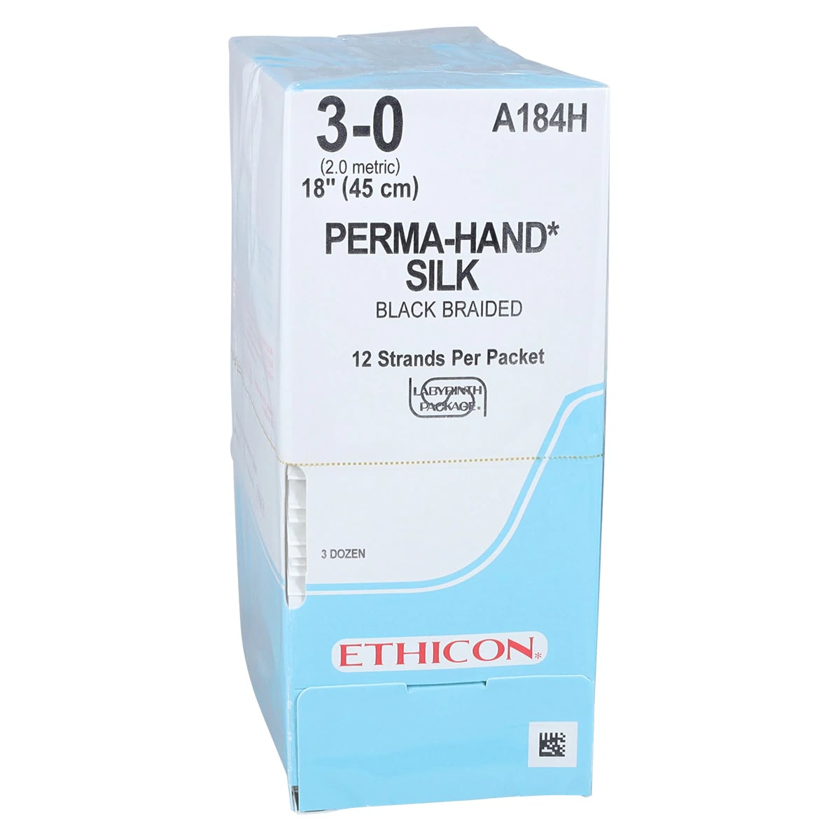 Ethicon Perma-Hand Silk Suture, Non-Absorbable, Braided, Coated, Black, Size 3-0, 12-18", A184H, 36/Box
