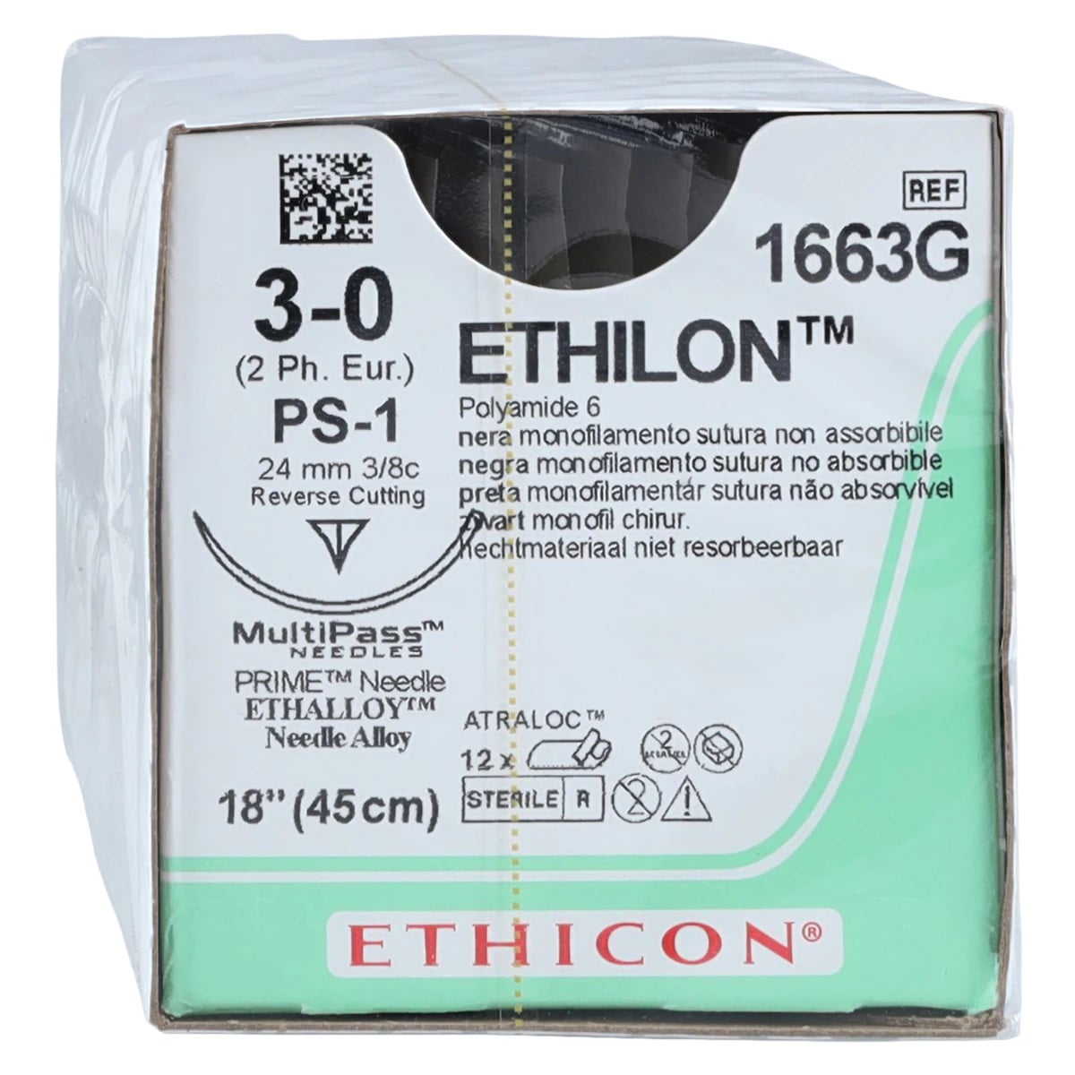 ETHILON Nylon Monofilament Non-Absorbable Suture, Size 3-0, 18", Black, PS-1 Precision Point Reverse Cutting Needle, 3/8 Circle, 12/Pkg