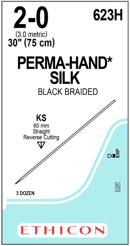 Ethicon Perma-Hand Silk Non-Absorbable Suture, Braided, Black, Size 2-0, 30 in, KS Straight Cutting Needle, 36/Box