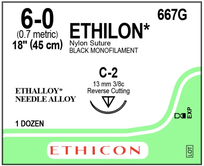 Ethicon Ethilon Nylon Suture, 6-0, 18", Black Monofilament, C-2 Reverse Cutting Needle, 3/8 Circle, 12/Box, 667G