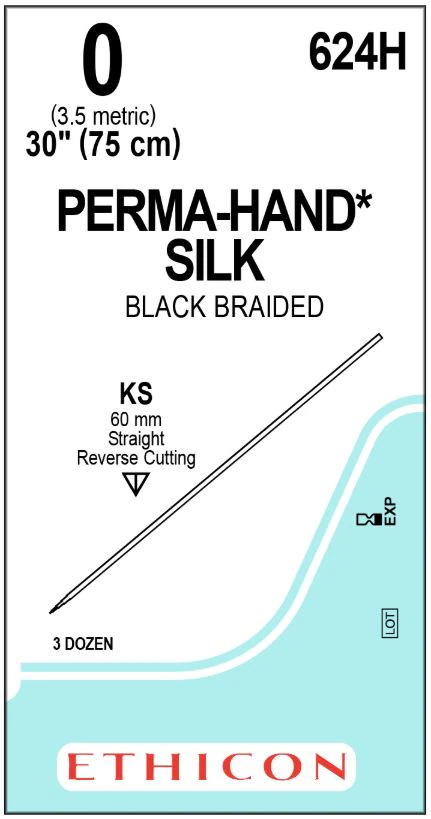 Ethicon Perma-Hand Silk Non-Absorbable Suture, Size 0, 30 in, Black Braided, KS Straight Cutting Needle, 3 Dozen/Box