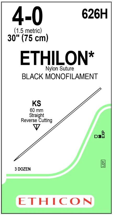 Ethicon Ethilon Nylon Suture, 4-0, 30", Black Monofilament, KS Straight Cutting Needle, 36/Box, 626H