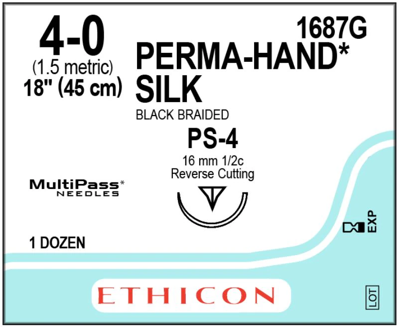 Ethicon Perma-Hand Silk Black Braided Suture, Nonabsorbable, 4-0, 18", PS-4 Reverse Cutting 1/2 Circle Needle, 12/Box, 1687G