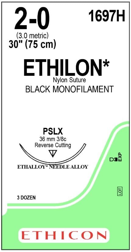 Ethilon Nylon Monofilament Non-Absorbable Suture, Size 2-0, 30 in, Black, PSLX Reverse Cutting 3/8 Circle Needle 36mm, 36/Box