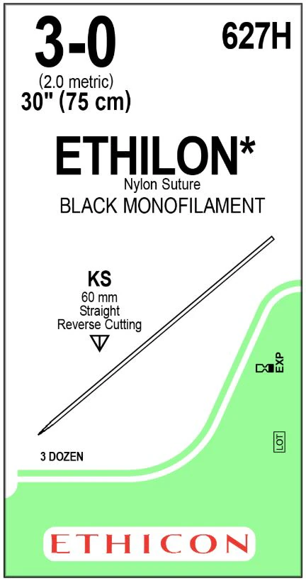 Ethilon Nylon Monofilament Non-Absorbable Suture, Size 3-0, 30 in, Black, KS Straight Cutting Needle 60mm, 36/Box