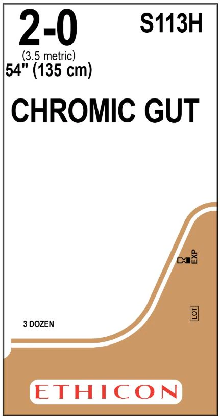 Ethicon Chromic Surgical Gut Suture, Size 2-0, 54", Brown, 36/Bx, S113H
