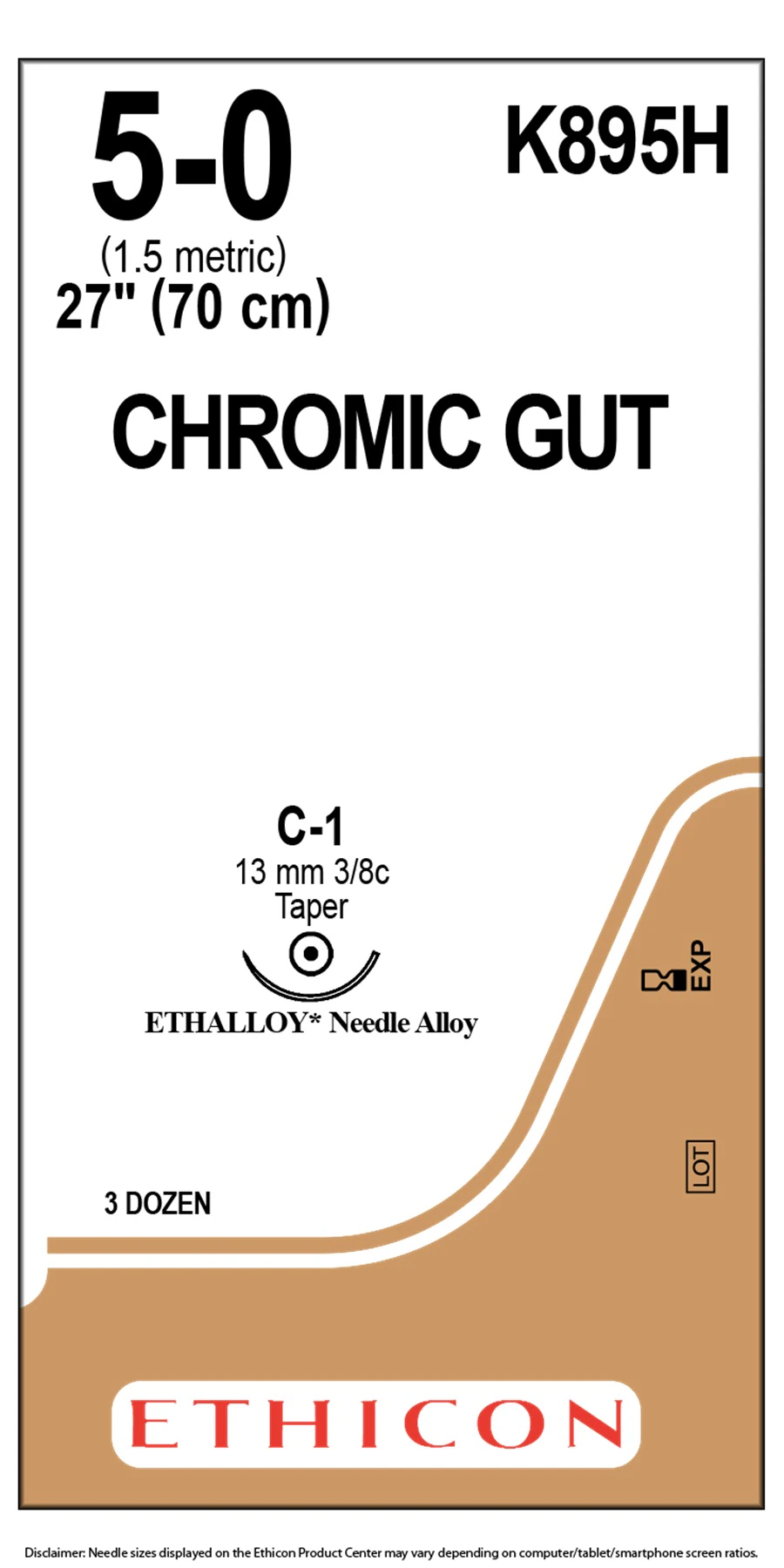 Ethicon Surgical Gut Suture, Chromic, 5-0, 27", C-1 Needle, 3/8 Circle, 13mm, Brown, 36/Bx, K895H