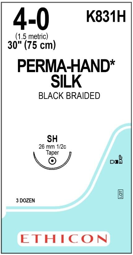 Ethicon Perma-Hand Silk Suture, 4-0, 30" Black Braided, SH Taper Point 1/2 Circle Needle 26mm, 36/Box