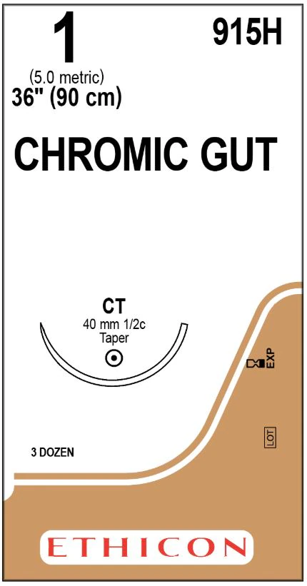 Ethicon Chromic Gut Surgical Suture, Size 1, 36", CT Taper Point 1/2 Circle Needle, 36/Bx, 915H