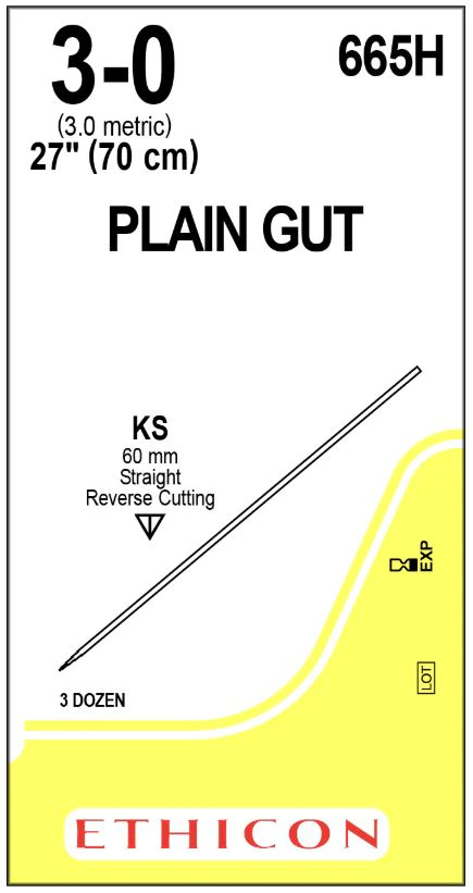 Ethicon Surgical Gut Suture, Plain, 3-0, 27", KS Cutting Straight Needle 60mm, 3 Dozen/Box, 665H