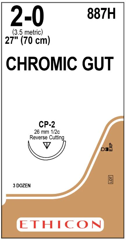 Ethicon Chromic Surgical Gut Suture, 2-0, 27", Reverse Cutting CP-2 Needle, 1/2 Circle, 36/Bx, 887H