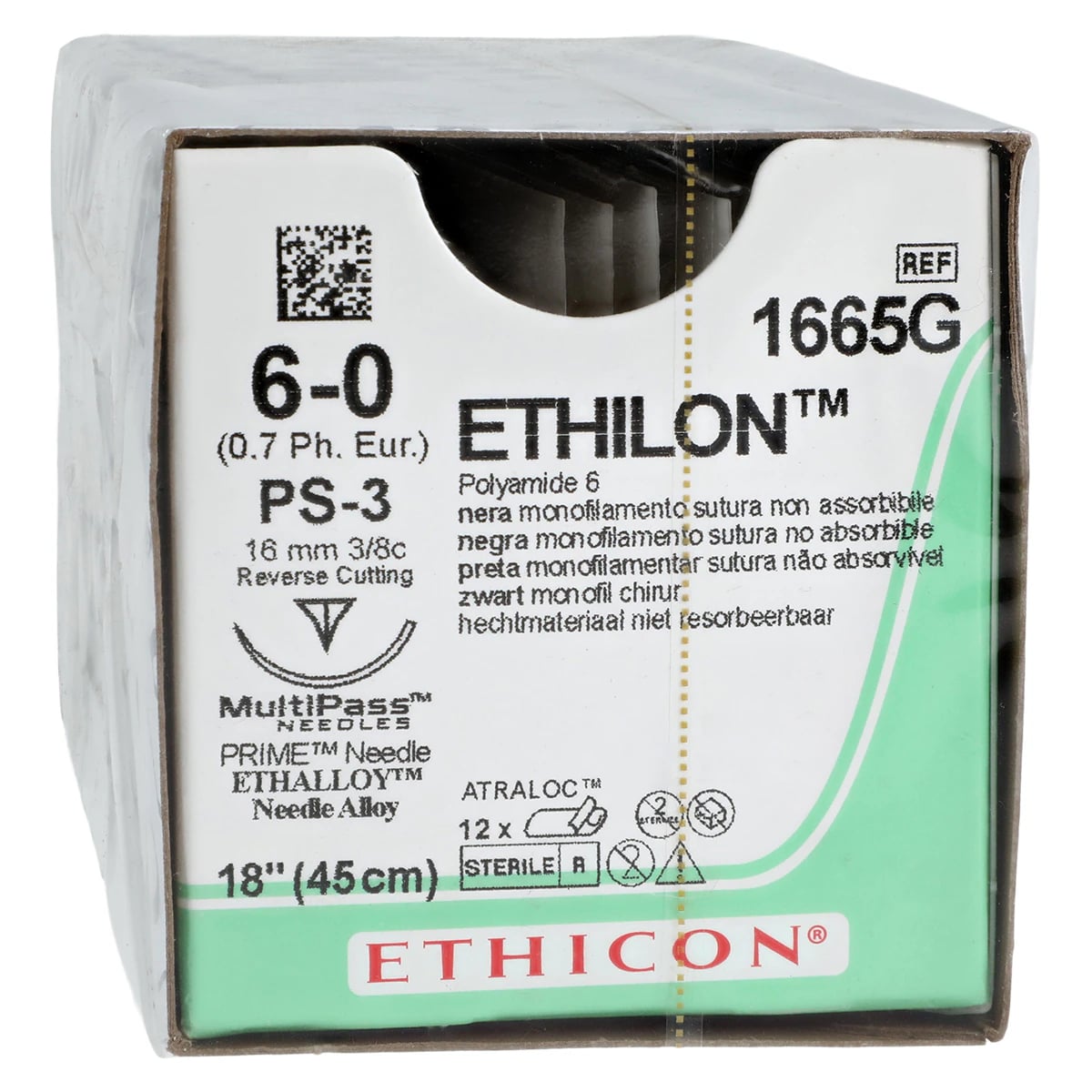 Ethicon Ethilon 6/0 Black Monofilament Non-Absorbable Suture, 18", PS-3 Precision Point Reverse Cutting Needle, 3/8 Circle, 12/Box, 1665G