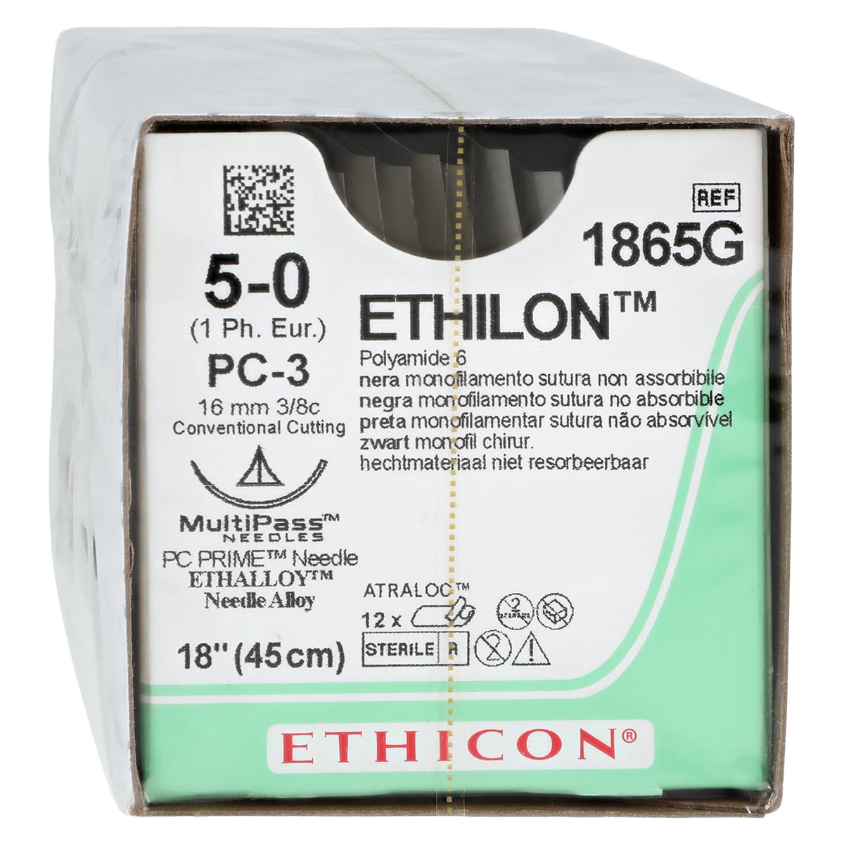 Ethicon Ethilon Nylon Suture, 5-0, 18", Black Monofilament, PC-3 Prime Conventional Cutting Needle, 3/8 Circle, 12/Box, 1865G