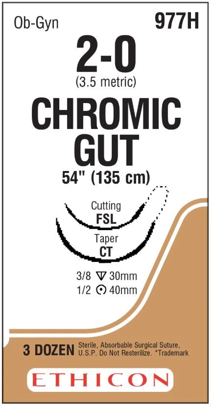 Chromic Gut Surgical Suture, 2-0, 54" Absorbable Monofilament, FSL Reverse Cutting 3/8 Circle Needle 30mm, Brown, 36/Box