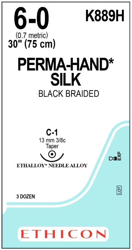 Perma-Hand Silk Braided Non-Absorbable Suture, 6-0, 30", C-1 Taper Point 3/8 Circle Needle 13mm, Coated Black, 36/Box