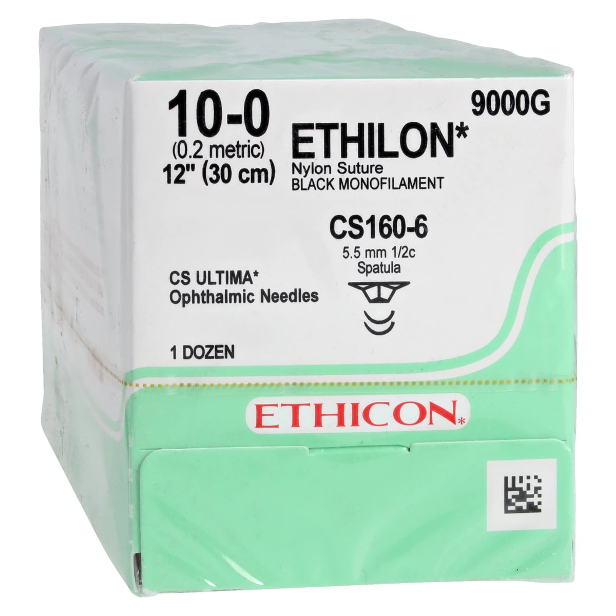 Ethicon Ethilon Nylon Suture, 10-0, Black Monofilament, CS160-6 Ultima Spatula Needle, 1/2 Circle, 12" (30 cm), 12/Box, 9000G