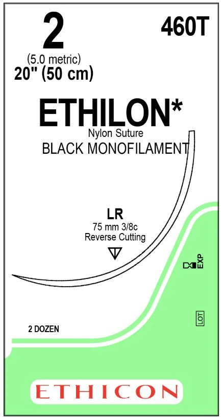Ethilon Nylon Monofilament Non-Absorbable Suture, Size 2-0, 20 in, Black, LR Cutting Edge Reverse 3/8 Circle Needle 75mm, 24/Box
