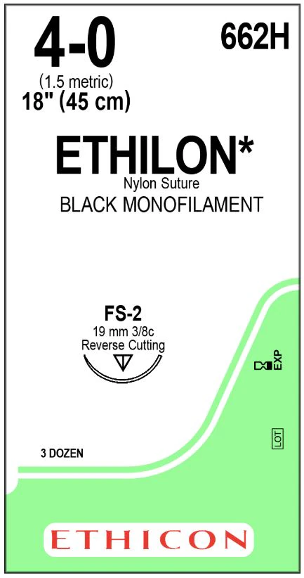 Ethicon Ethilon Nylon Monofilament Non-Absorbable Suture, 4-0, 18", Black, FS-2 Reverse Cutting Needle (3/8 Circle, 19 mm), 36/Box, 662H