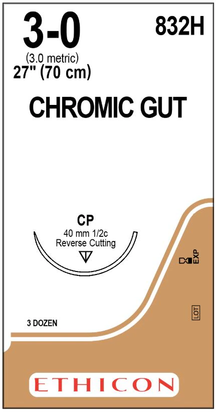 Ethicon Chromic Gut Surgical Suture, 3-0, 27", Reverse Cutting CP-1 Needle, 1/2 Circle, 36/Bx, 832H