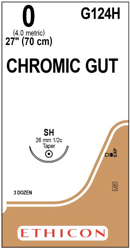 Ethicon Chromic Gut Surgical Suture, Size 0, 27", SH Taper Point 1/2 Circle Needle, Brown, 36/Bx, G124H