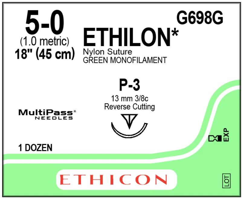 Ethilon Nylon Monofilament Non-Absorbable Suture, 5-0, 18", Green, P-3 Precision Point Reverse Cutting 3/8 Circle Needle 13mm, 12/Box
