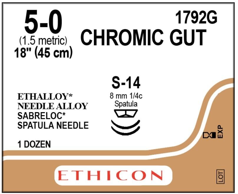 Ethicon Chromic Gut Surgical Suture, 5-0, 18", S-14 Spatula Needle, 1/4 Circle, 12/Bx, 1792G