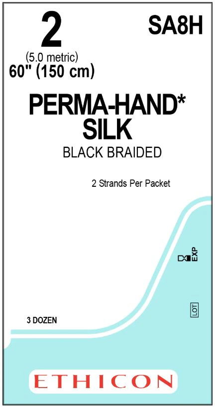 Ethicon Perma-Hand Silk Sutupak Pre-Cut Suture, Size 2, 2-60 in, Black Braided, 3 Dozen/Box