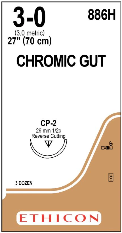 Ethicon Chromic Gut Suture, 3-0, 27", CP-2 Reverse Cutting Needle, 36/Box, 886H