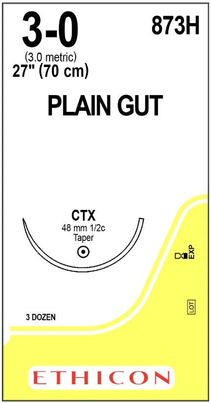 Ethicon Plain Gut Surgical Suture, 3-0, 27", CTX Taper Point 1/2 Circle Needle 48mm, Absorbable, Yellowish Tan, 36/Box, 873H