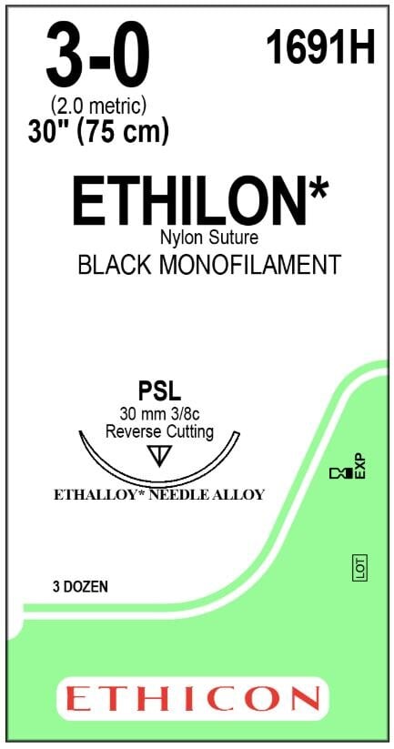 Ethilon Nylon Monofilament Non-Absorbable Suture, Size 3-0, 30", Black, PSL Reverse Cutting 3/8 Circle Needle, 36/Box, 1691H