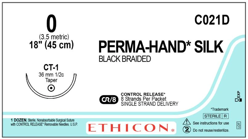 Ethicon Perma-Hand Silk Suture, Size 0, Black Braided, CT-1 Taper Point Needle, 1/2 Circle, 8-18", 12/Box, C021D