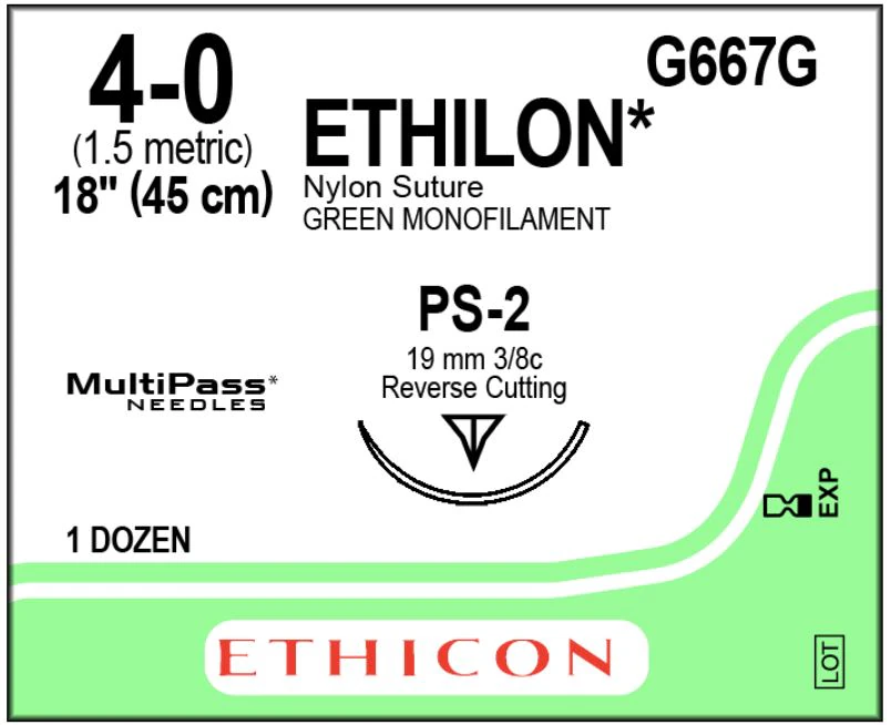 Ethilon Nylon Monofilament Non-Absorbable Suture, Size 4-0, 18", Green, PS-2 Prime Reverse Cutting 3/8 Circle Needle, 12/Box