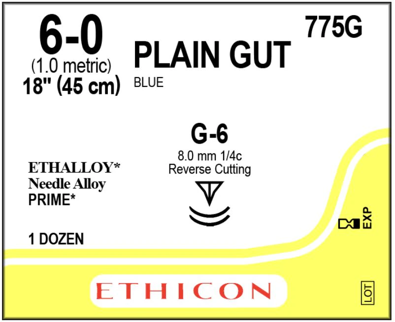 Plain Gut Absorbable Suture, 6-0, 18" Monofilament, G-6/G-6, Reverse Cutting 1/4 Circle Needle 8mm, Blue, 12/Box