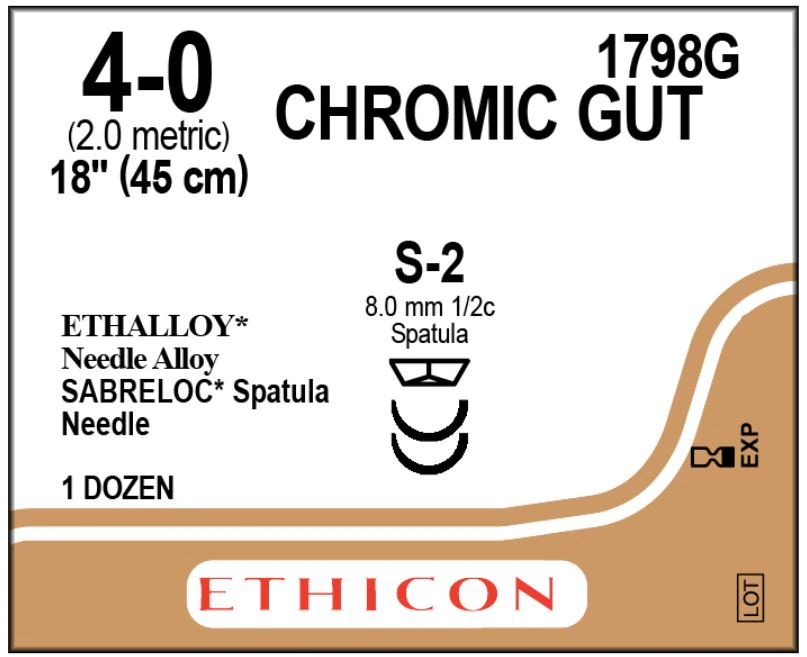 Ethicon Chromic Gut Suture, 4-0, 18", S-2/S-2 Spatula Needle, 1/2 Circle, 12/Bx, 1798G