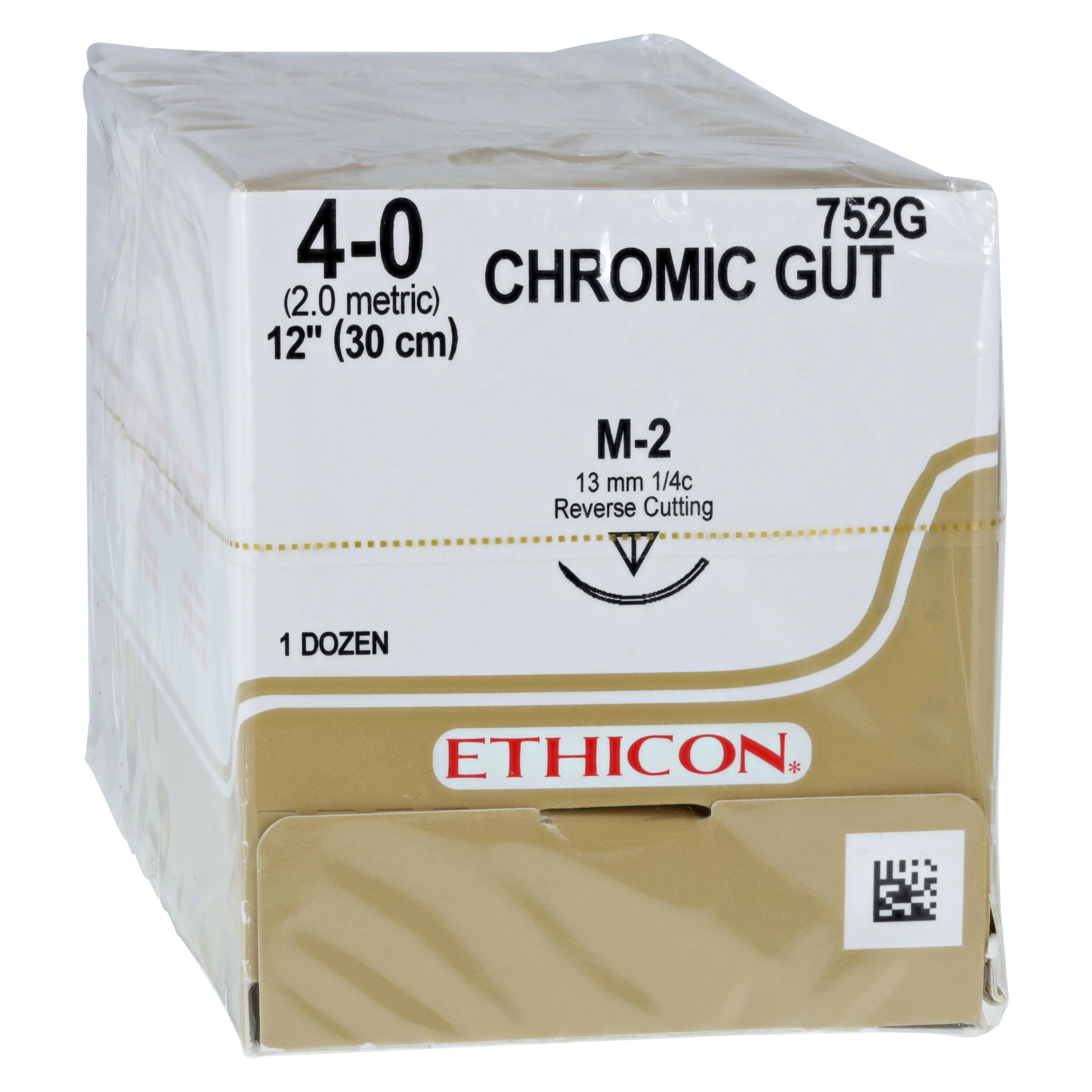 Ethicon Surgical Gut Suture, Chromic, 4-0, 12" Length, M-2 Needle, 3/8 Circle, Reverse Cutting, 12/Box, 752G