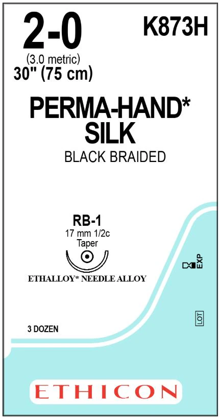 Perma-Hand Silk Braided Non-Absorbable Suture, Size 2-0, 30" (1x30"), RB-1 Taper Point 1/2 Circle 17mm Needle, Black/Brown, 36/Box