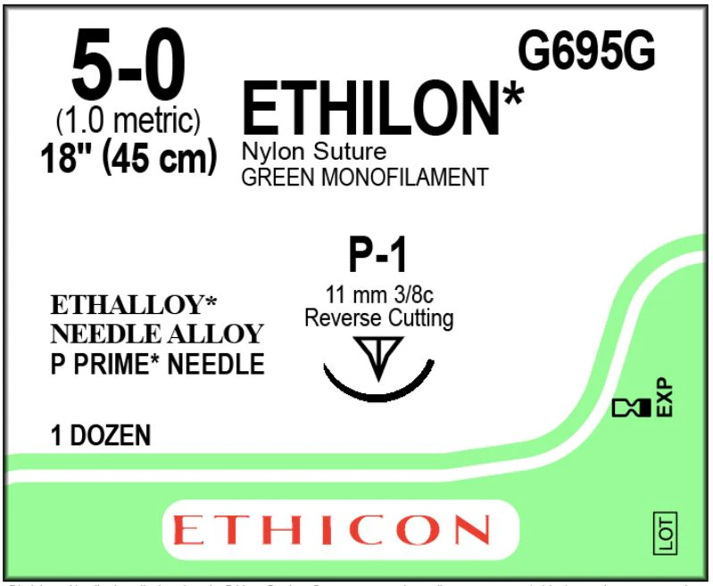 Ethicon Ethilon Nylon Monofilament Suture, Size 5-0, 18", Green, P-1 Prime Reverse Cutting Needle, 3/8 Circle, 12/Box, G695G