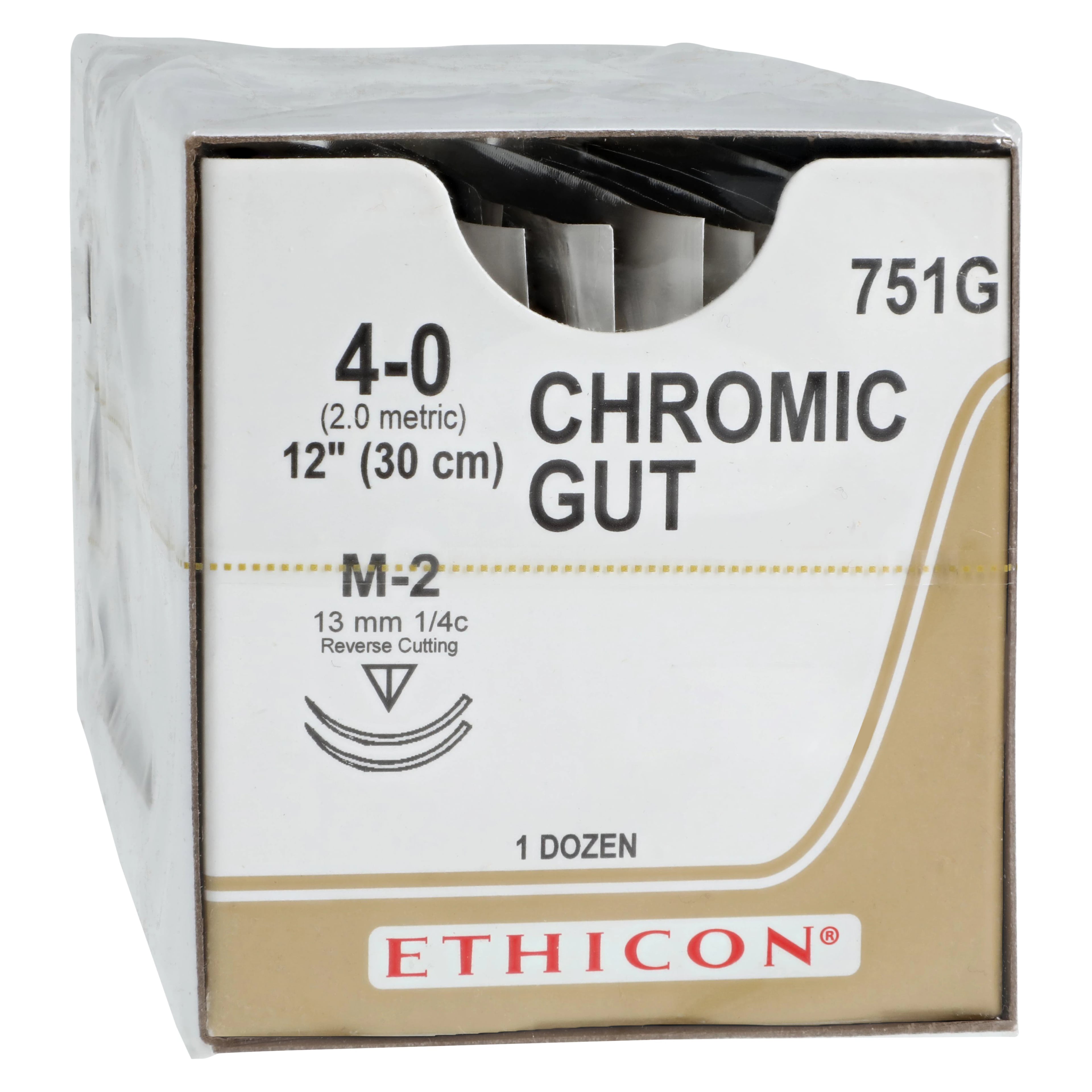 Ethicon Chromic Gut Surgical Suture, 4-0, 12" Reverse Cutting M-2 Needle, 1/4 Circle, 13mm, Brown, 12/Box, 751G