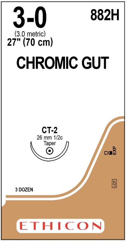 Ethicon Surgical Gut Suture, Chromic, 3-0, 27" Needle, CT-2, 1/2 Circle, Taper Point, 36/Box, 882H