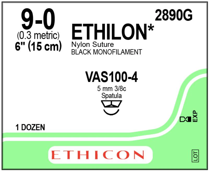 Ethicon Ethilon Nylon Monofilament Non-Absorbable Suture, Size 9-0, 6" (15 cm), VAS100-4, Reverse Cutting 3/8 Circle Needle, Black, 12/Box, 2890G