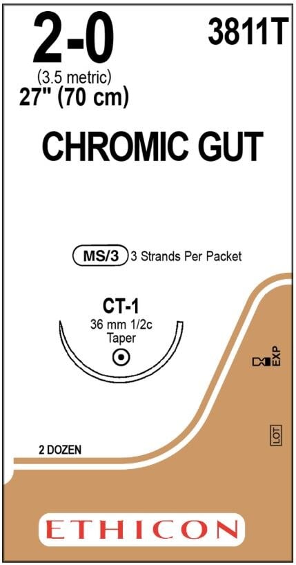 Ethicon Chromic Gut Surgical Suture, 2-0, 3-27", CT-1 Taper Point 1/2 Circle Needle, 24/Bx, 3811T